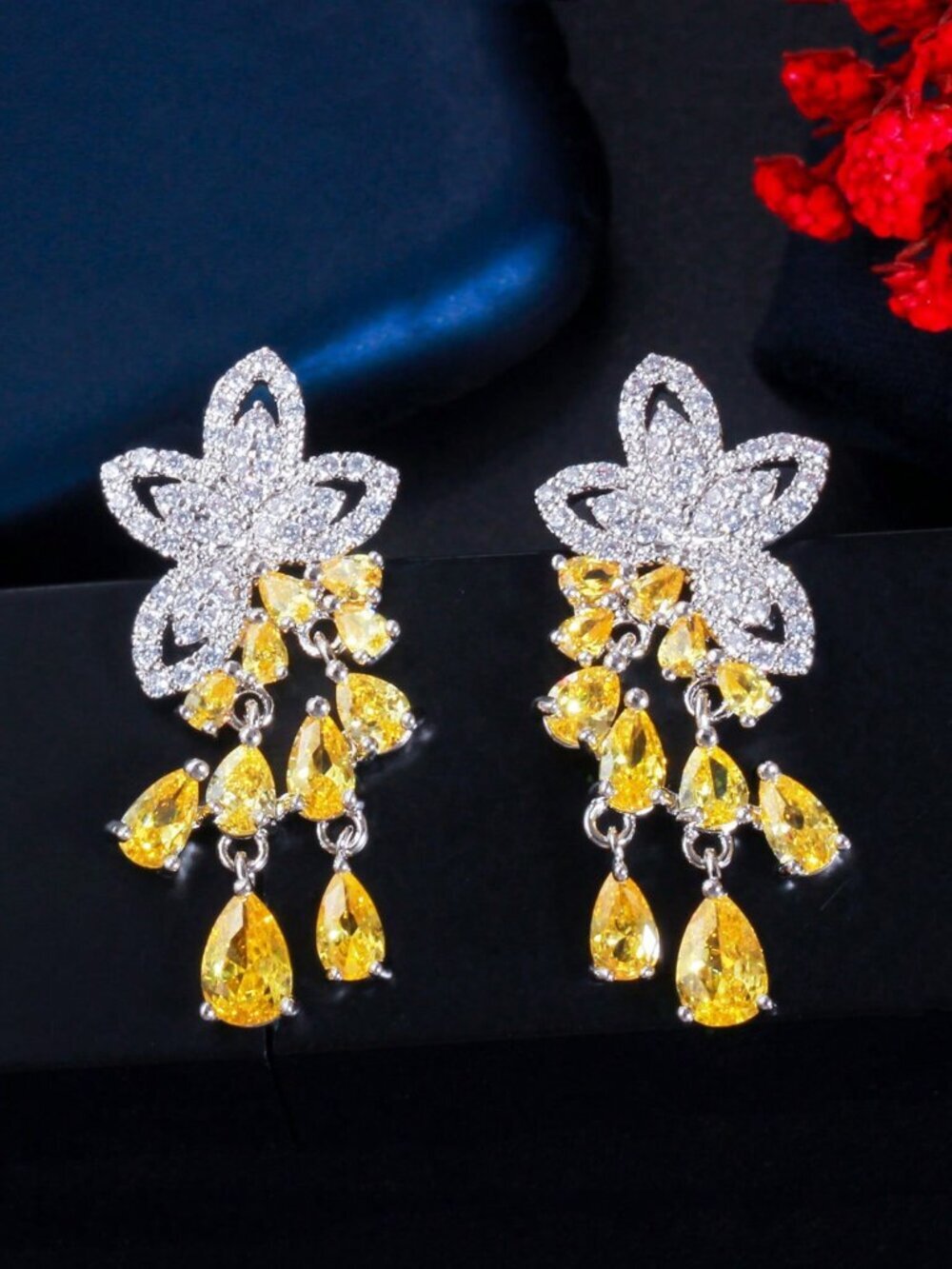 Elegant Women's Dainty Symmetrical Flower Cubic Zirconia Tassel earrings
